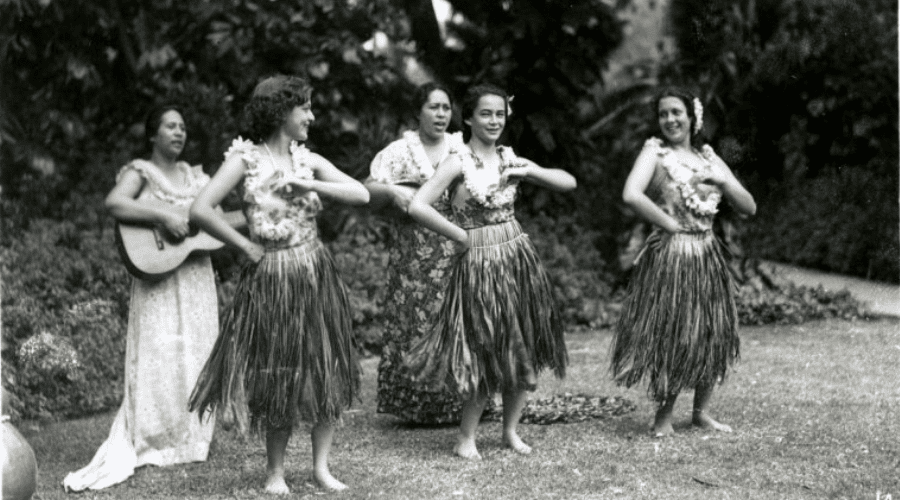 Luau celebration in the 1940s, full of food, dance, music, and celebrations.