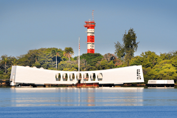 USS Arizona Memorial and Ford Island Control Tower.