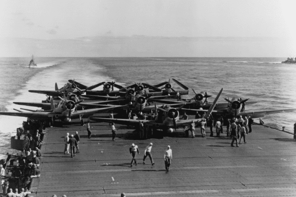 Photo of Torpedo Squadron Six (VT-6) TBD-1 aircraft are prepared for launching on USS Enterprise (CV-6) at about 0730-0740 hrs, 4 June 1942.