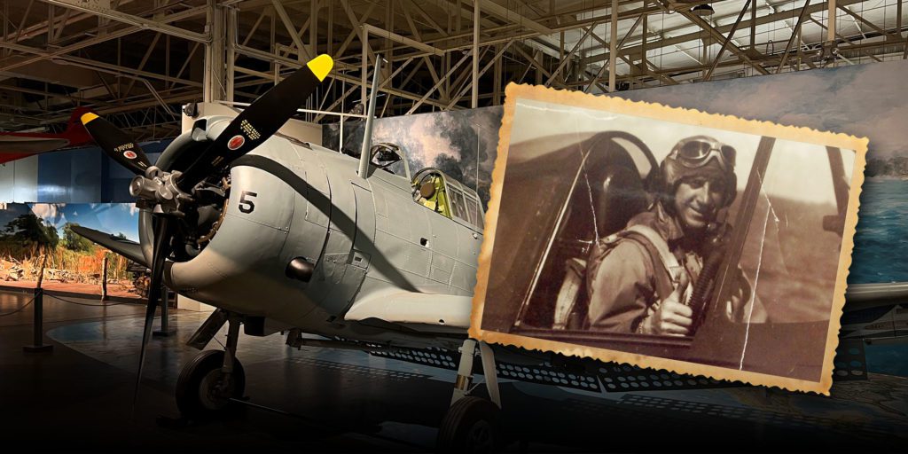 Photograph of the restored Douglas SBD-2P Dauntless aircraft, currently on display.