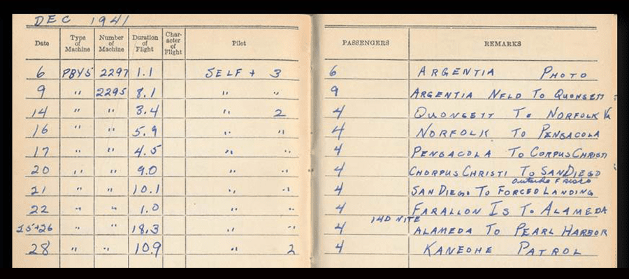 Image of flight log in old paper book with ink hand writing.